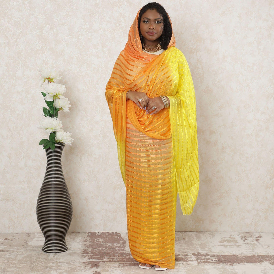 Multicolor Premium synthetic chiffon thobe with gold metallic foil print in stripe design-D14393 Regal Fabrics