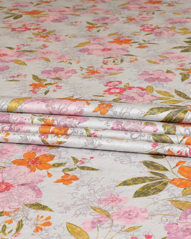 Abalone grey premium pure silk satin fabric with orange, baby pink and mustard green print having rose pink film metallic in floral design-D9417