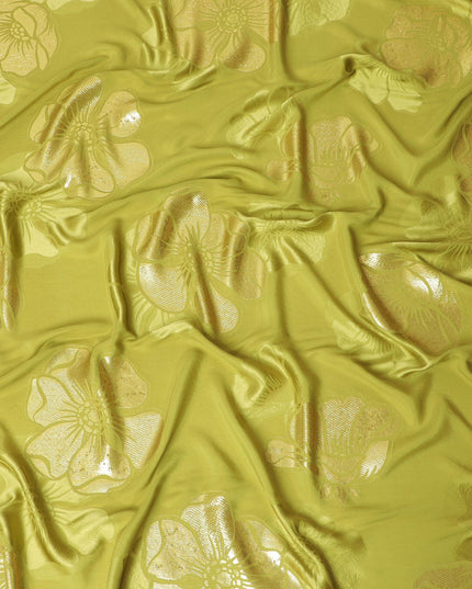 Mehindi green Premium pure silk crepe fabric with same tone jacquard and gold metallic lurex in floral design-D14630