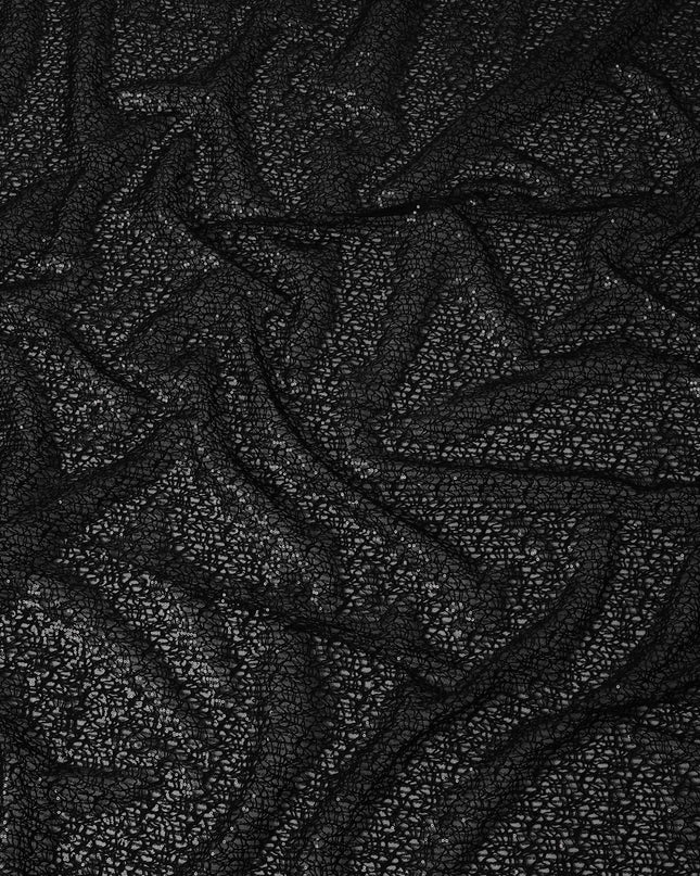 Black nylon tulle embroidery with black thread work and sequins in abstract design