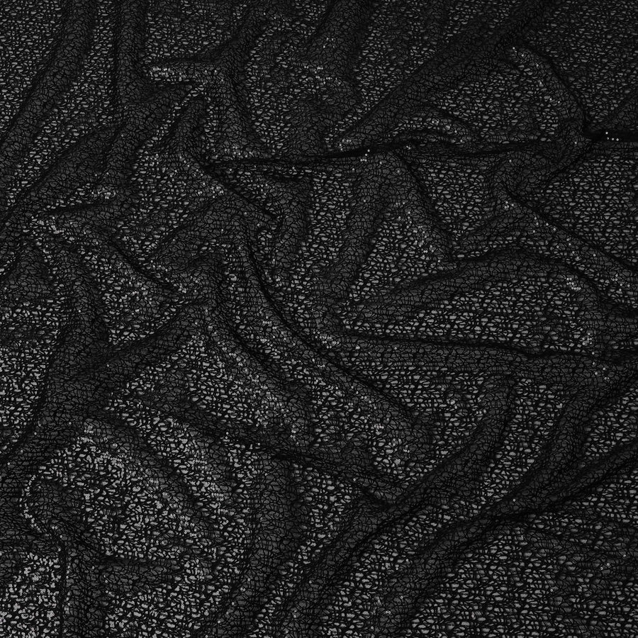 Black nylon tulle embroidery with black thread work and sequins in abstract design