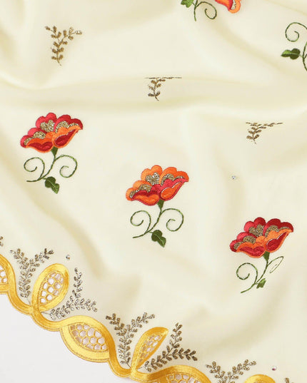 Blonde yellow Premium Swiss cotton voile (Thobe) fabric with beige, blaze orange, olive green, gold and crimson red embroidery having stone work in floral design-D7992
