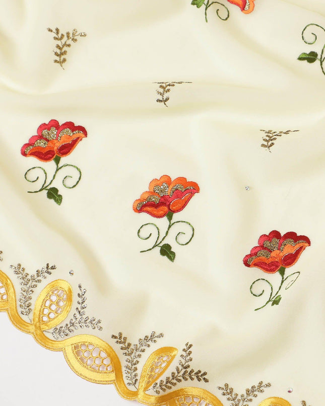 Blonde yellow Premium Swiss cotton voile (Thobe) fabric with beige, blaze orange, olive green, gold and crimson red embroidery having stone work in floral design-D7992