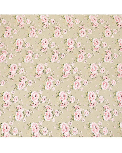 Moss green premium pure silk crepe fabric with baby pink, off white and sage green print in floral design-D9396