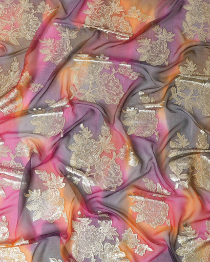 Multicolor premium pure handprinted silk chiffon fabric with gold metallic lurex in fancy design-D10416
