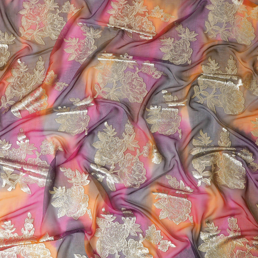 Multicolor premium pure handprinted silk chiffon fabric with gold metallic lurex in fancy design-D10416