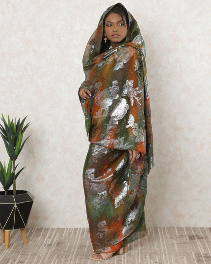 Multicolor Premium pure silk chiffon thobe with same tone metallic lurex in floral design-D11644