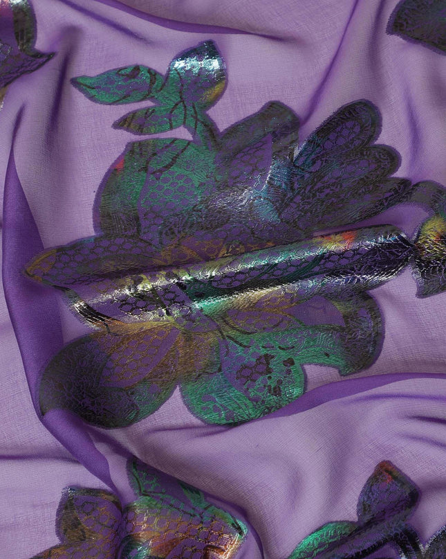 Purple silk chiffon fabric with multicolor metallic lurex in floral design-D8793