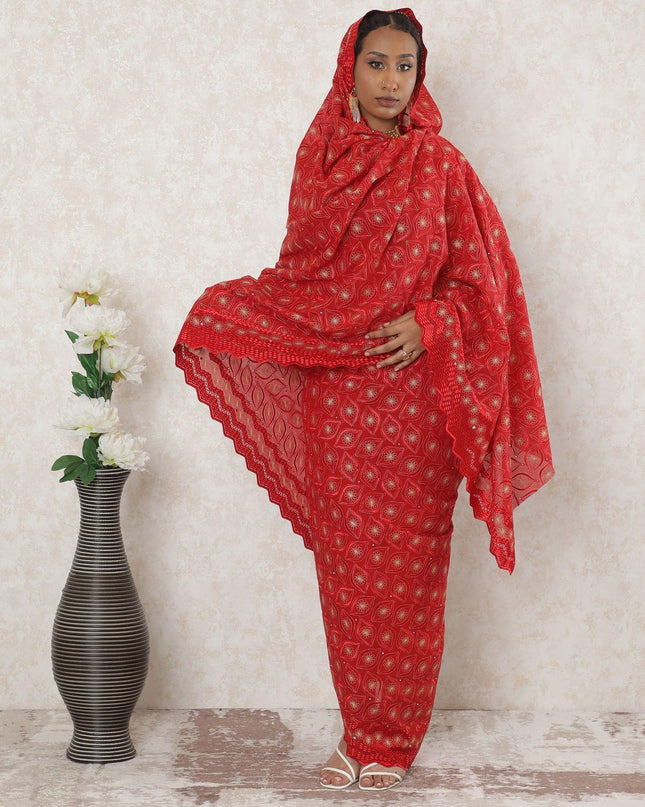 Blood red Premium pure Swiss cotton voile thobe with same tone and gold embroidery having stone work in floral design-D14345