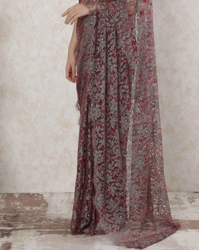 Red, Coin grey Premium pure 2tone French chantilly lace saree having stone work in floral design-D14511 Regal Fabrics
