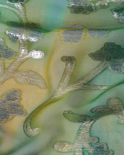 Green Premium pure silk chiffon fabric with gold metallic lurex in floral design-D12538