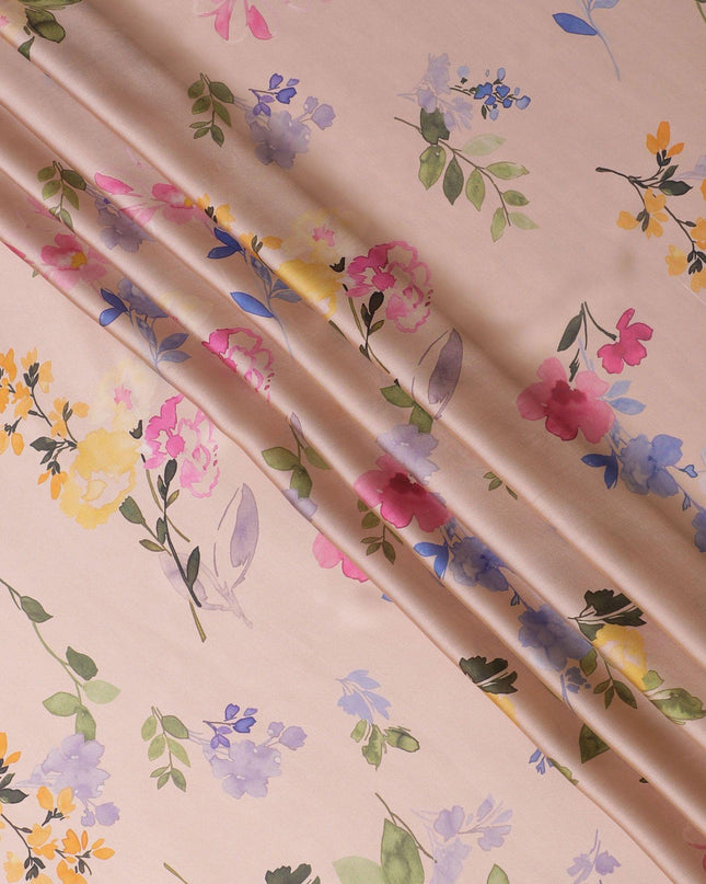 قماش شيفون من الحرير الخالص الفاخر باللون البيج اللاتيه مع طباعة متعددة الألوان بتصميم الأزهار-D14661