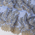 Royal blue nylon tulle fabric with gold embroidery having stone work in floral design-D11742