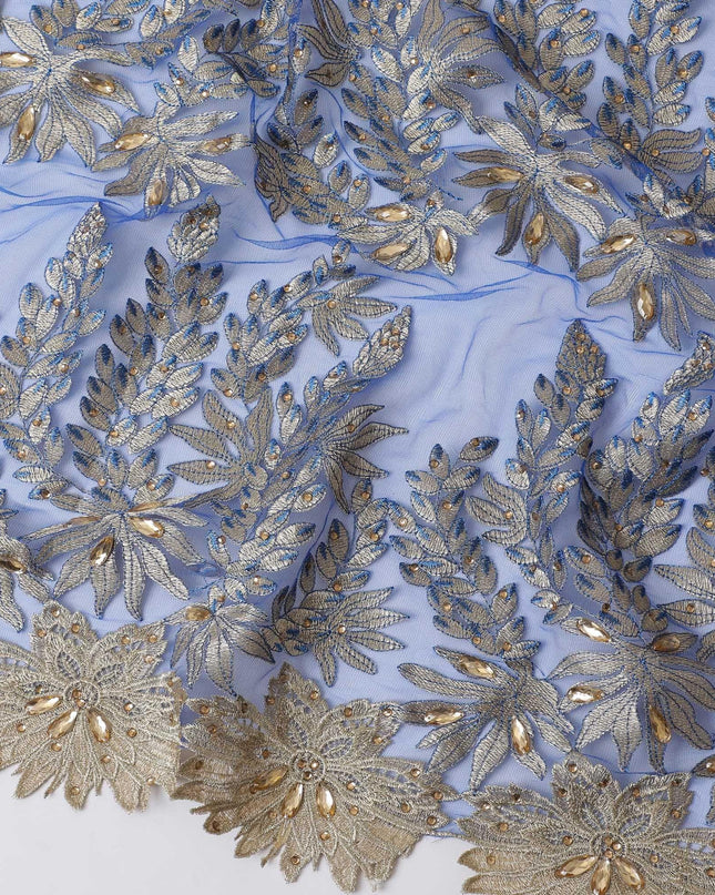 Royal blue nylon tulle fabric with gold embroidery having stone work in floral design-D11742 Regal Fabrics