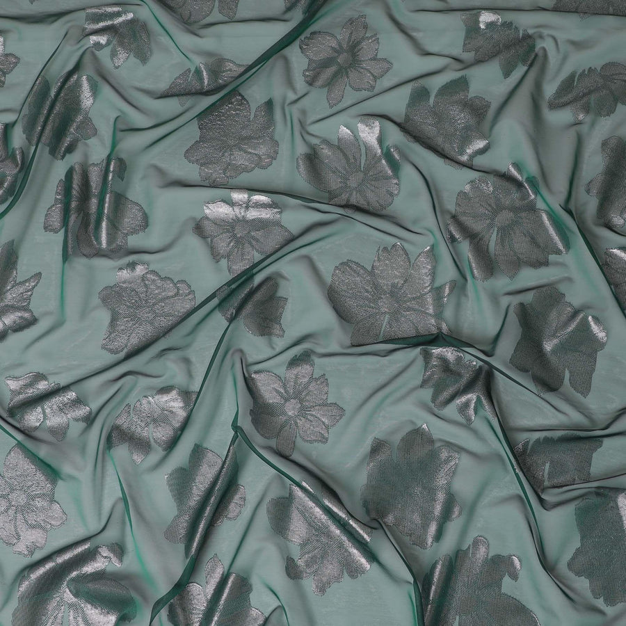 Bottle green Premium pure Italian silk chiffon fabric with copper and silver metallic lurex in floral design-D10796
