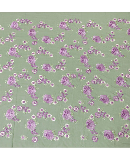 Sage green Premium pure cotton voile fabric with same tone, purple and beige embroidery in floral design-D15239