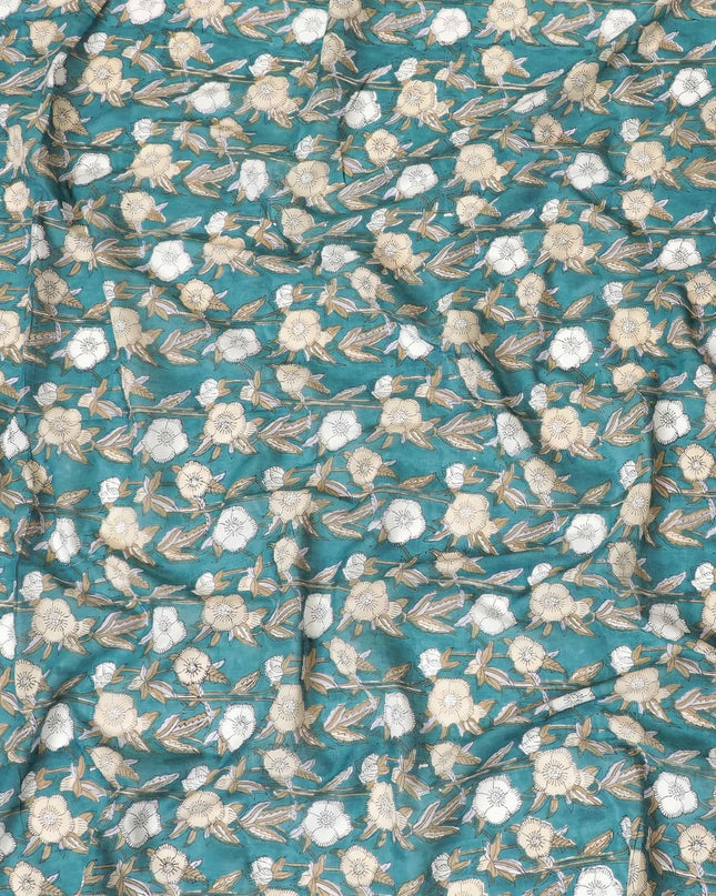 Sea green cotton lawn fabric with beige, black and off white print in floral design-D8439 Regal Fabrics