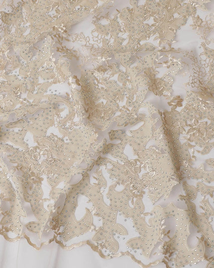 Dull gold nylon tulle fabric with same tone and gold embroidery having stone work in floral design-D11777 Regal Fabrics