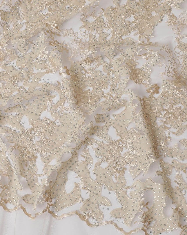 Dull gold nylon tulle fabric with same tone and gold embroidery having stone work in floral design-D11777 Regal Fabrics