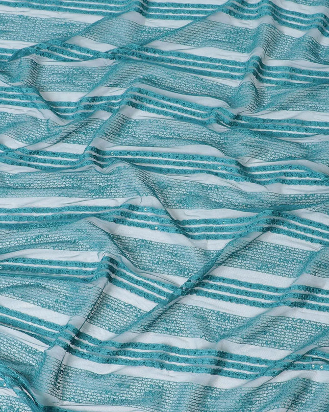 Ocean blue nylon tulle fabric with same tone embroidery and sequins in stripe design-D6671 Regal Fabrics