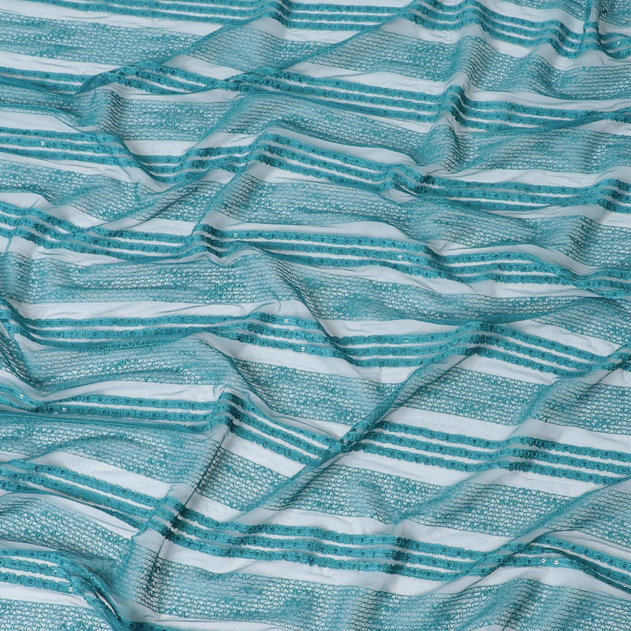 Ocean blue nylon tulle fabric with same tone embroidery and sequins in stripe design-D6671