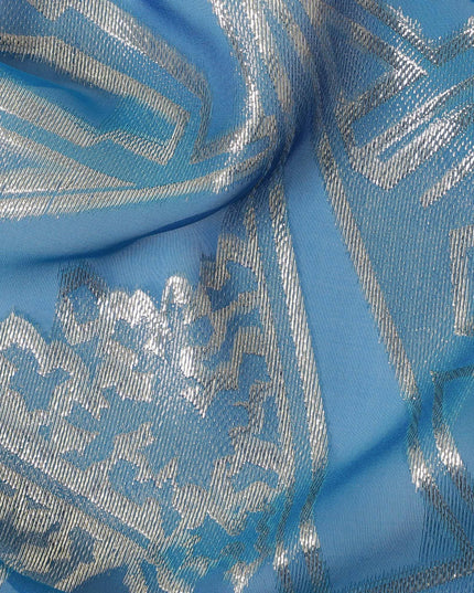 Blue Premium pure silk chiffon fabric with gold metallic lurex in abstract design-D13844