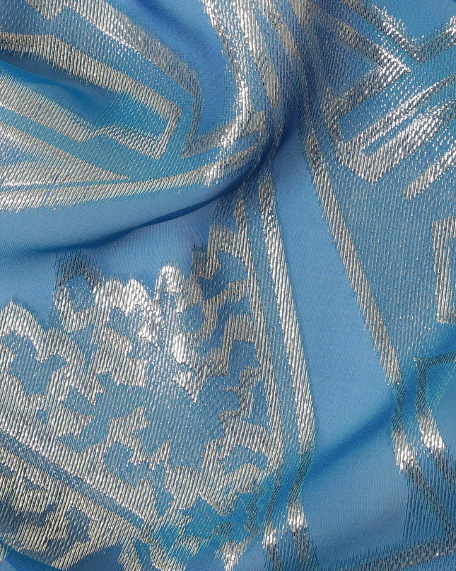Blue Premium pure silk chiffon fabric with gold metallic lurex in abstract design-D13844