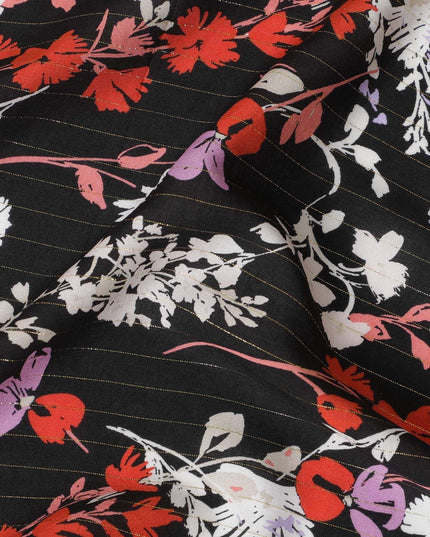 Black viscose crepe printed fabric with multi colour prints and metallic lurex in floral design-D11164