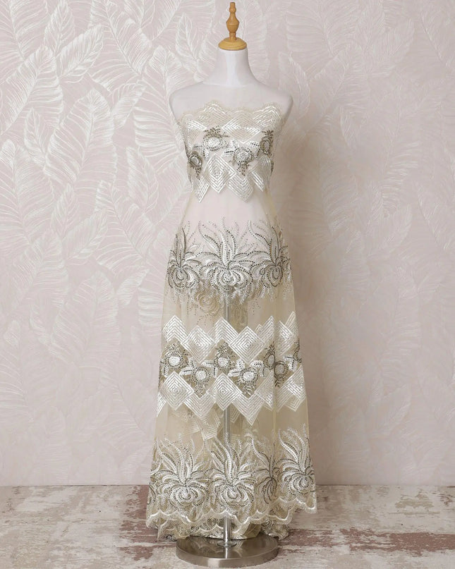 Gold nylon tulle fabric with same tone, off white embrodiery having stone work in fancy design-D14769 Regal Fabrics
