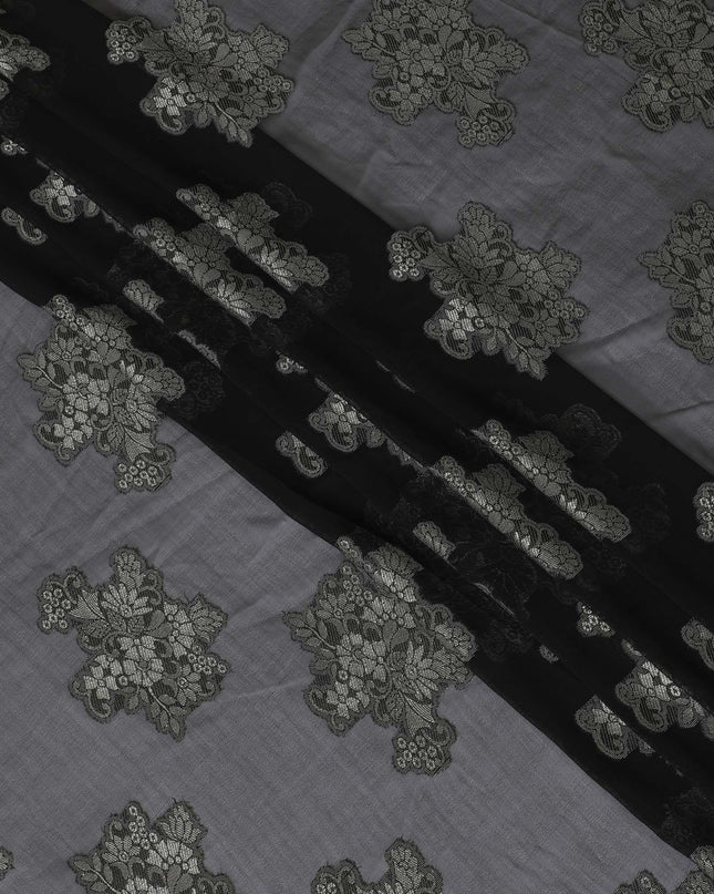 Black synthetic chiffon fabric with grey viscose and same tone metallic lurex in floral design-D11892
