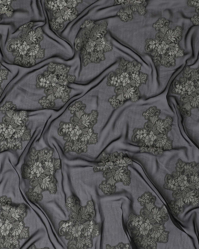 Black synthetic chiffon fabric with grey viscose and same tone metallic lurex in floral design-D11892