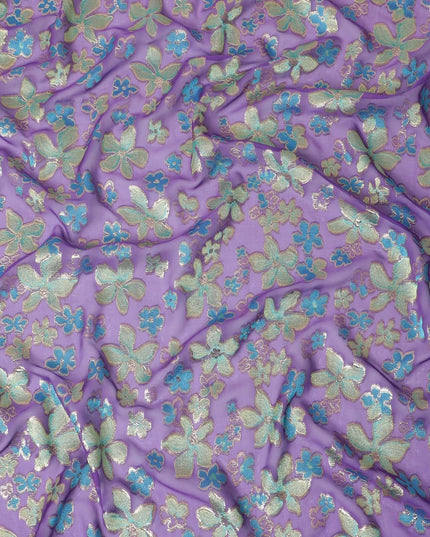 Purple Premium pure changent silk chiffon fabric with sky blue, sage green viscose having gold metallic lurex in floral design-D14648