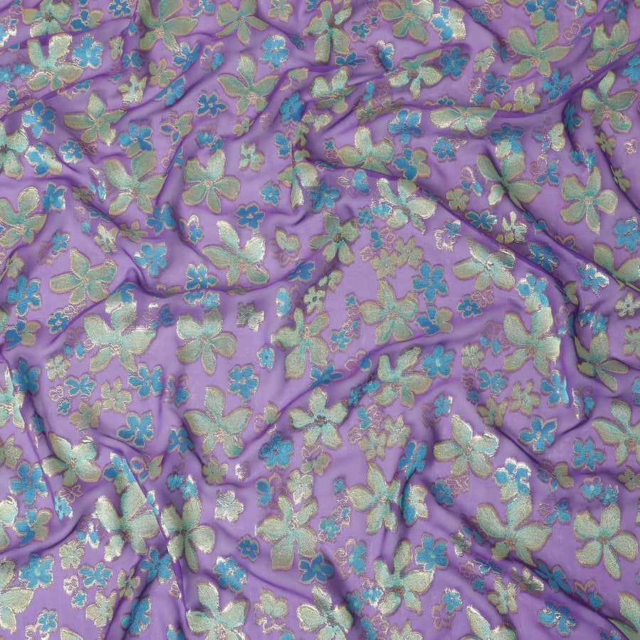 Purple Premium pure changent silk chiffon fabric with sky blue, sage green viscose having gold metallic lurex in floral design-D14648