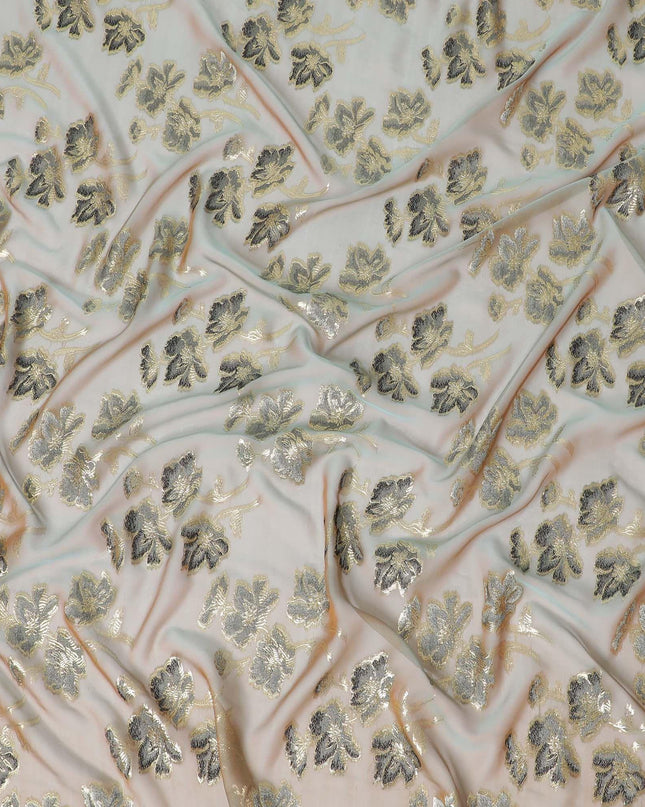 قماش شيفون حريري خالص زيتوني وبني مع فيسكوز رمادي وأسود مع لوريكس معدني ذهبي بتصميم زهور - D14128
