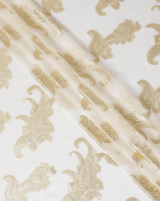 Beige Premium pure French (Fransawi) silk chiffon fabric with gold metallic lurex in floral design-D14307