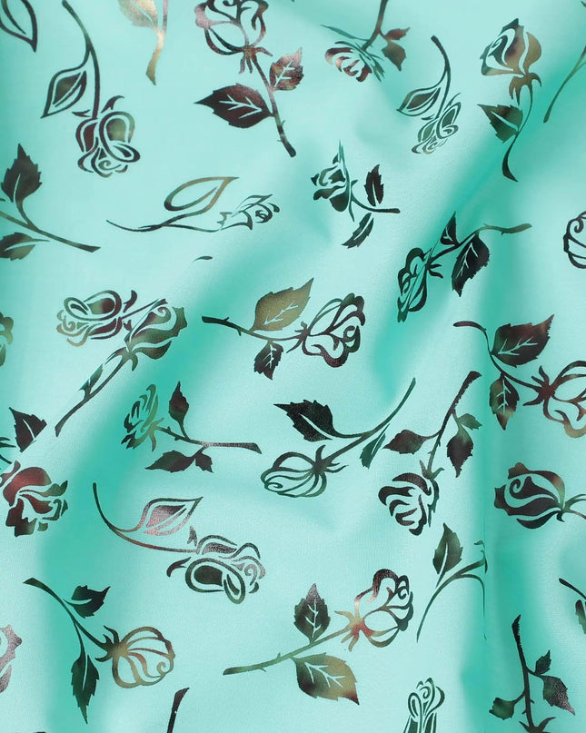 Vista blue cotton voile fabric with multicolor metallic foil print in floral design-D9783 Regal Fabrics