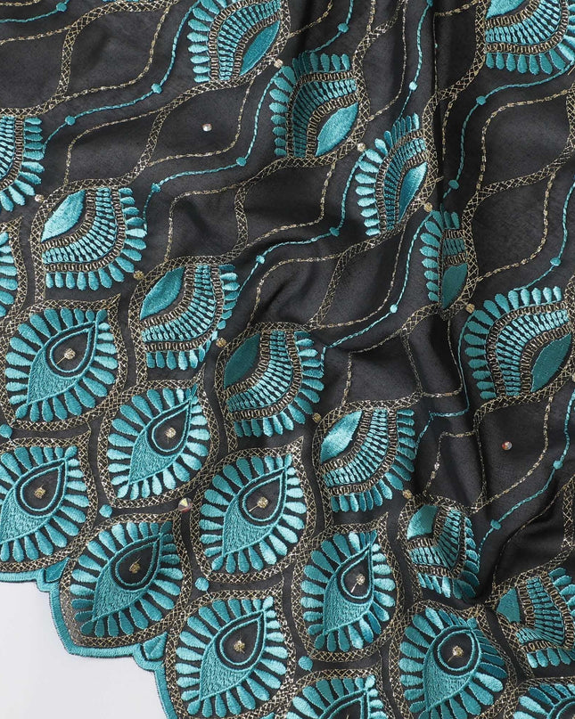 Black Premium pure 100% Swiss cotton voile (Sudanese Thobe) fabric with vista blue, gold embroidery having stone work in floral design-D13567
