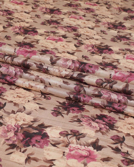 نسيج حرير توسار بني من خشب بورليوود مع طباعة باللون الوردي الساخن والأسود والبيج والبني الموكا بتصميم الأزهار-D6142