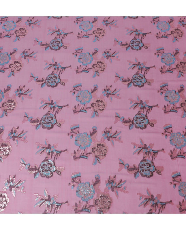 قماش شيفون حرير خالص فاخر باللون الوردي القرميدي مع لوريكس معدني أزرق ونحاسي بتصميم زهور-D13729