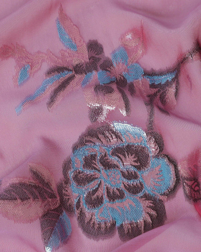 قماش شيفون حرير خالص فاخر باللون الوردي القرميدي مع لوريكس معدني أزرق ونحاسي بتصميم زهور-D13729