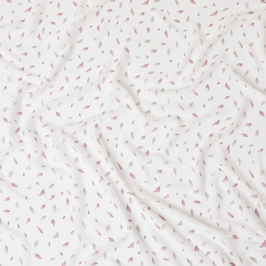 White synthetic georgette fabric with burgundy and pale brown print in fancy design-D13766 Regal Fabrics