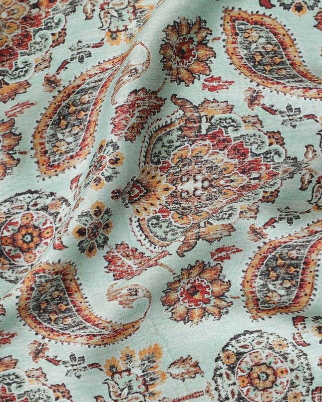 Tiffany blue synthetic satin fabric with multicolor print in paisley design-D14176 Regal Fabrics