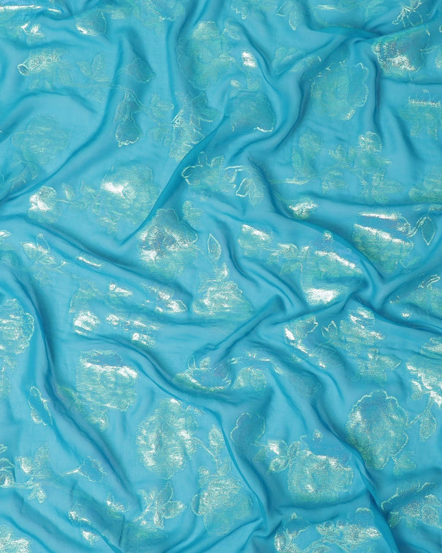 قماش شيفون من الحرير الخالص باللون الأزرق الفيروزي مع لوركس معدني أخضر نيون بتصميم زهور-D12419