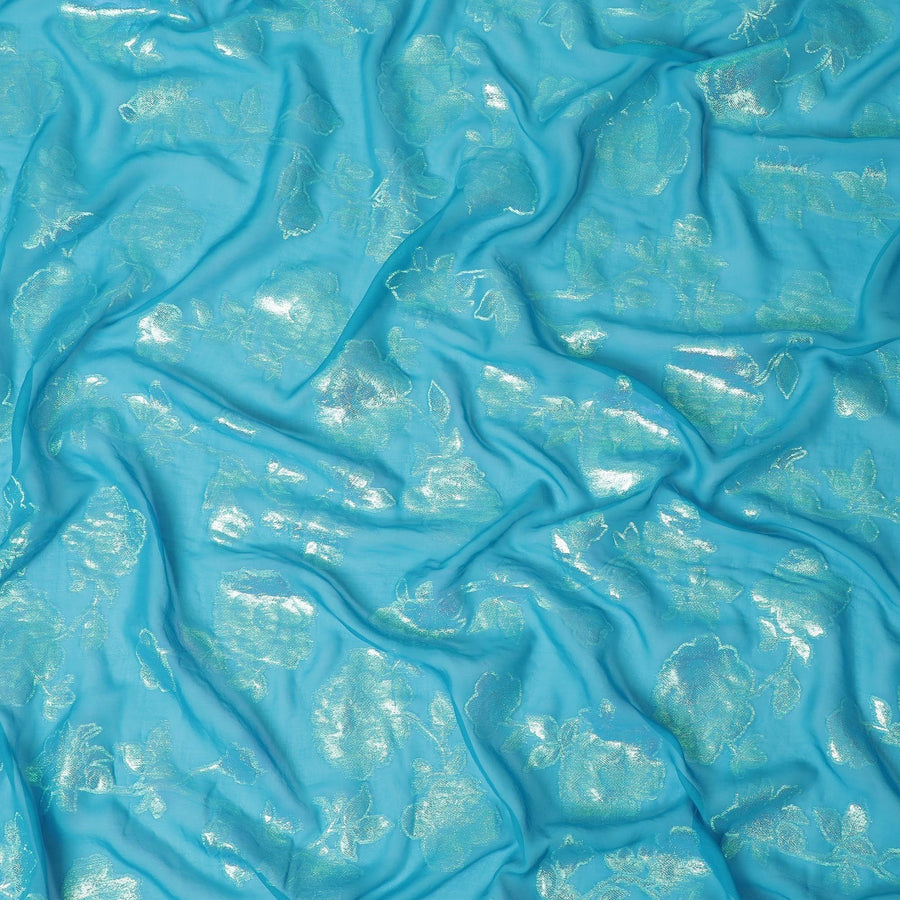 قماش شيفون من الحرير الخالص باللون الأزرق الفيروزي مع لوركس معدني أخضر نيون بتصميم زهور-D12419