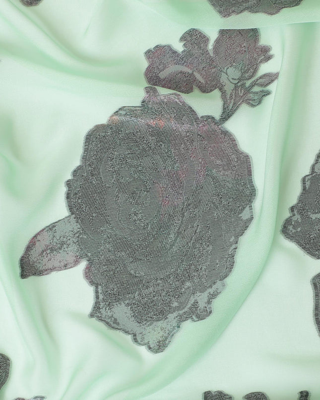 قماش الشيفون الحريري الخالص الفاخر باللون الأخضر النعناعي مع اللوريكس المعدني متعدد الألوان بتصميم الأزهار-D9699