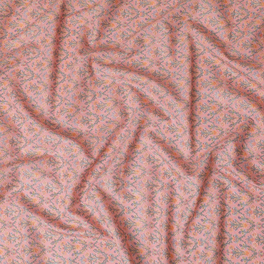 نسيج حرير قطني مخلوط باللون الوردي السلمون مع تطريز متعدد الألوان بتصميم الأزهار-D15471