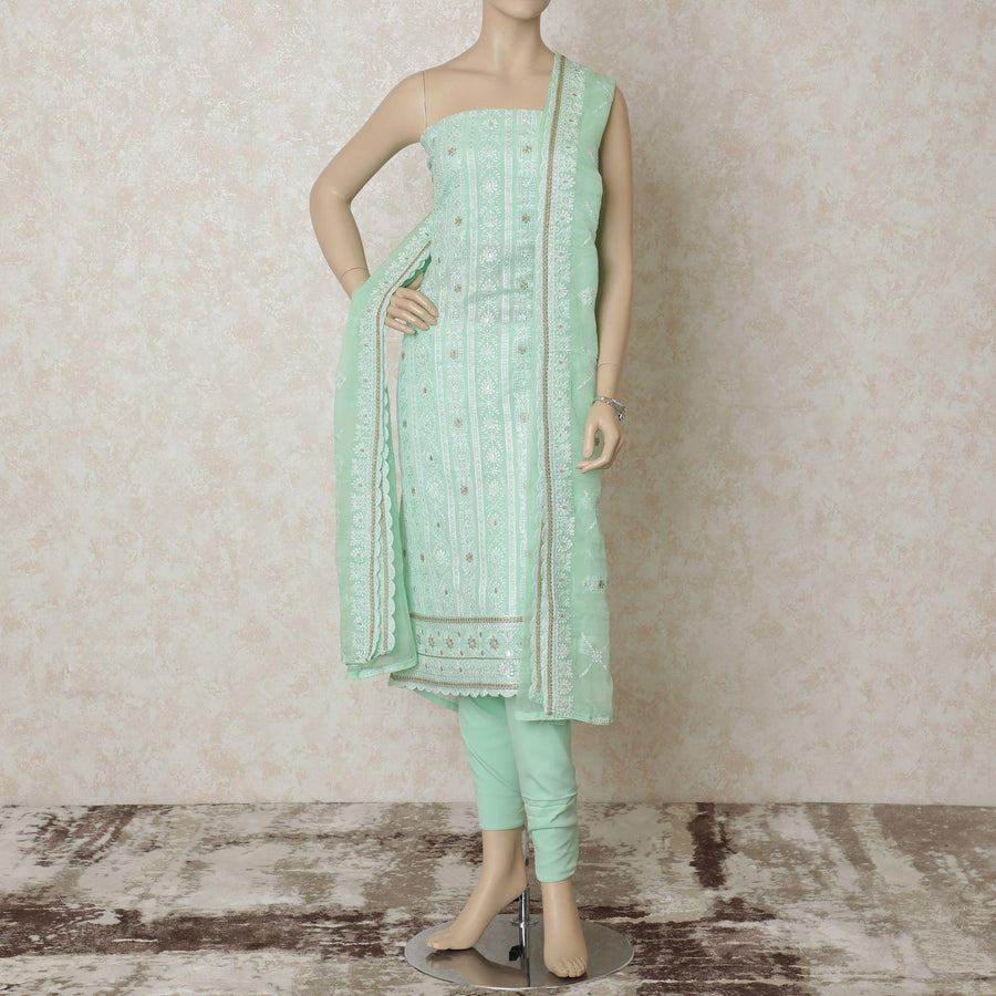 Turquoise green synthetic georgette kameez with same tone, gold embroidery having sequins in floral design. Turquoise green plain salwar with same tone chiffon dupatta having gold embroidery-D12633