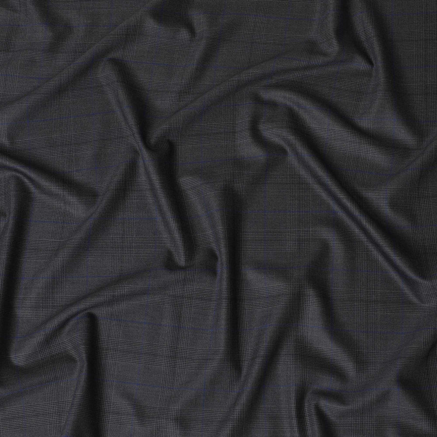 رمادي فحمي داكن، نسيج إنجليزي نقي ممتاز من الصوف بالكامل 150 مع تصميم مربعات باللونين الرمادي والأزرق -D14820