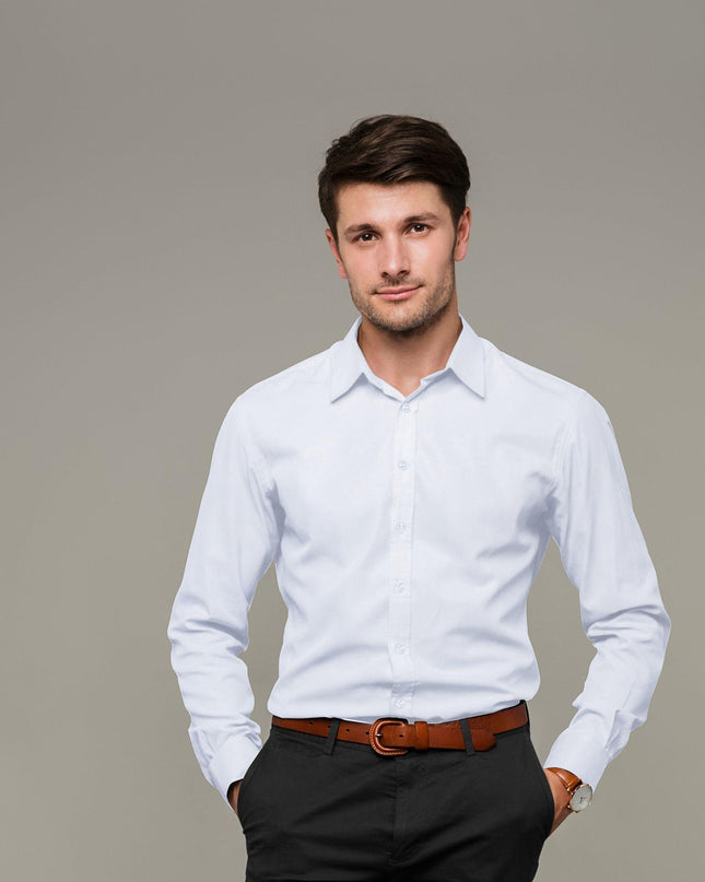 Light powder blue blended cotton shirting fabric with same tone self design-D10831