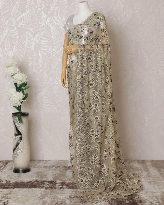 Gold, brown Premium pure French metallic chantilly lace saree having stone work in floral design-D14559 Regal Fabrics